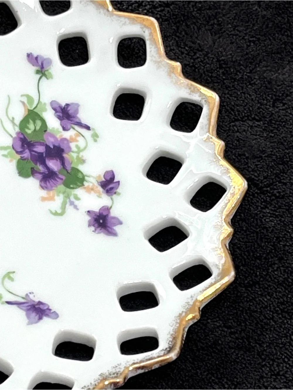 Vintage Fine China Reticulated Sweet Violet Plate Pierced Rim Gold Trim